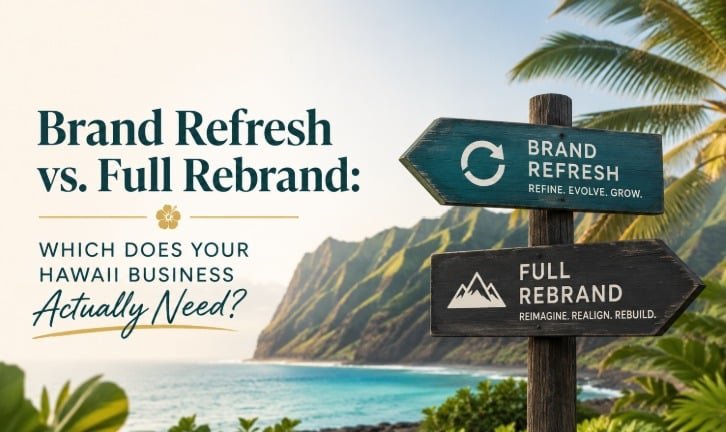 Two wooden signposts on a Hawaii coastline pointing opposite directions: Brand Refresh and Full Rebrand